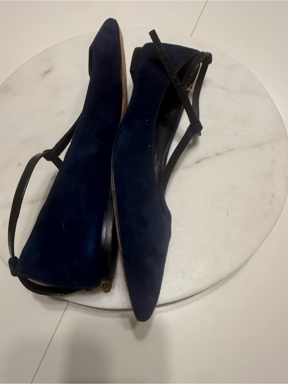 Tory Burch Women's Navy Suede Pointed T-Strap Flats - Picture 4 of 4